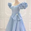 Elegant Sky Blue Prom Dresses 2023 A-Line / Princess Square Neckline Puffy Short Sleeve Backless Sweep Train Prom Formal Dresses