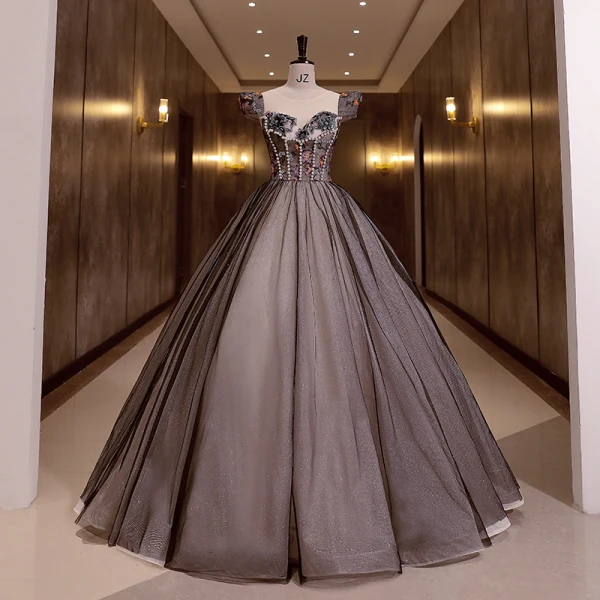 Élégant Noire Perle Paillettes En Dentelle Fleur Robe De Bal 2022 Robe Boule Encolure Dégagée Sans Manches Longue Robe De Ceremonie