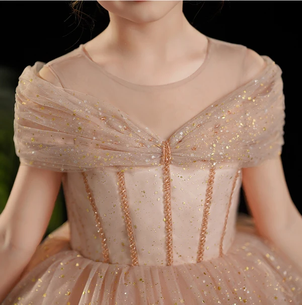 Elegant Champagne Glitter Birthday Flower Girl Dresses 2024 Ball Gown Scoop Neck Short Sleeve Floor-Length / Long