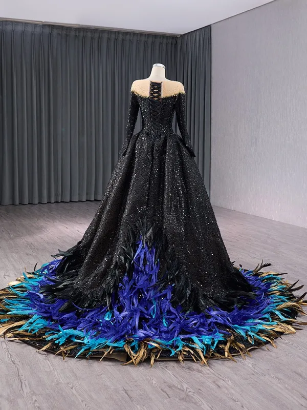 Unusual Luxury / Gorgeous Black Beading Sequins Multi-Colors Feather Prom Dresses 2024 Ball Gown Scoop Neck Long Sleeve Court Train Prom Formal
