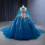 High-end Vintage / Retro Ocean Blue Handmade  Pearl Appliques Sequins Prom Dresses 2023 Ball Gown Halter Sleeveless Backless Floor-Length / Long Prom
