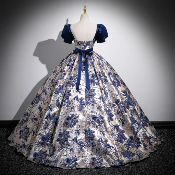 Vintage / Retro Ocean Blue Printing Prom Dresses 2023 Ball Gown Square Neckline Puffy Short Sleeve Backless Bow Sash Floor-Length / Long Prom Formal Dresses