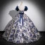 Vintage / Retro Ocean Blue Printing Prom Dresses 2023 Ball Gown Square Neckline Puffy Short Sleeve Backless Bow Sash Floor-Length / Long Prom Formal Dresses