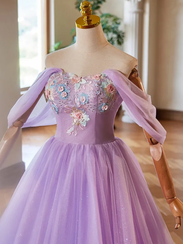Elegant Lavender Pearl Lace Flower Appliques Prom Dresses 2024 Ball Gown Off-The-Shoulder Sleeveless Backless Floor-Length / Long Prom Formal Dresses