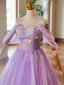 Elegant Lavender Pearl Lace Flower Appliques Prom Dresses 2024 Ball Gown Off-The-Shoulder Sleeveless Backless Floor-Length / Long Prom Formal Dresses