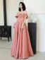 Classy Watermelon Satin Prom Dresses 2024 A-Line / Princess Off-The-Shoulder Short Sleeve Backless Floor-Length / Long Prom Formal Dresses
