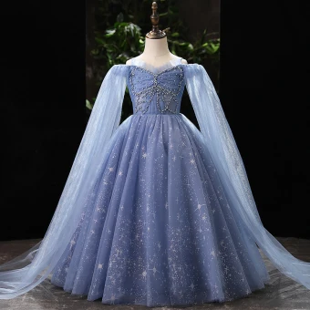 Élégant Bleu Ciel Perlage Perle Paillettes Anniversaire Robe Ceremonie Fille 2022 Robe Boule Bretelles Spaghetti Manches Longues Longue Robe Ceremonie Fille