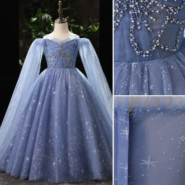 Elegant Sky Blue Beading Pearl Sequins Birthday Flower Girl Dresses 2022 Ball Gown Spaghetti Straps Long Sleeve Floor-Length / Long Flower Girl Dresses