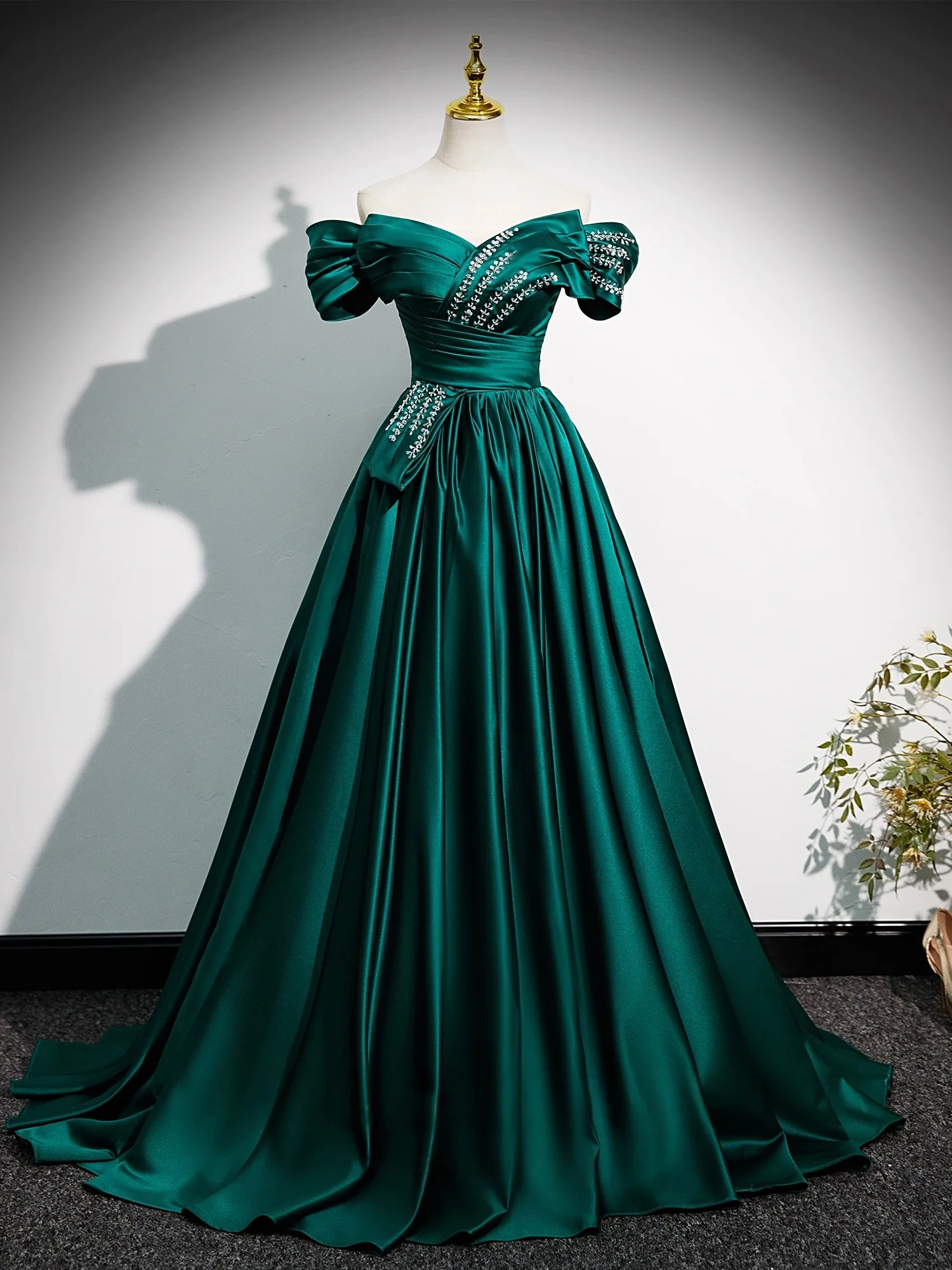 green emerald velvet dress Long Floral A-Line Prom Dress with Glitter Emerald / 6