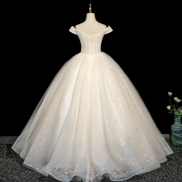 Charming Champagne Beading Appliques Prom Dresses 2025 A-Line / Princess Off-The-Shoulder Short Sleeve Backless Floor-Length / Long Formal Dresses