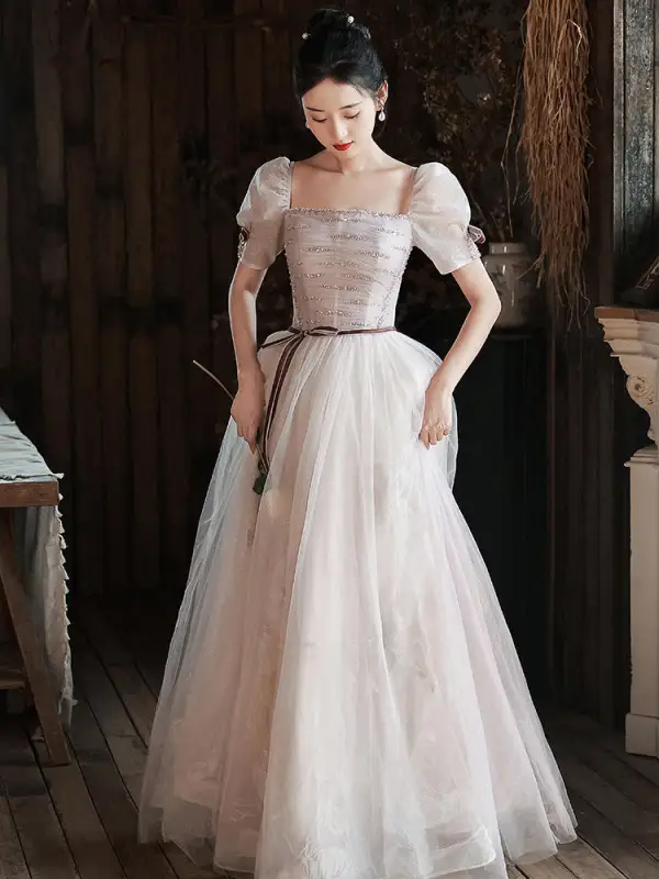 Chic / Belle Rougissant Rose Paillettes Robe De Bal 2022 Princesse Encolure Carrée Gonflée Manches Courtes Dos Nu Noeud Ceinture Longue Promo Robe De Ceremonie
