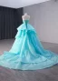 Haut de Gamme Bleu Fait main Perlage Paillettes Robe De Soirée 2024 Trompette / Sirène Bustier Sans Manches Dos Nu Tribunal Train Soirée Robe De Ceremonie