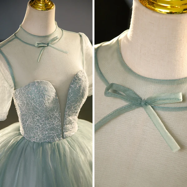 Élégant Vert Cendré Paillettes Robe De Bal 2023 Robe Boule Col Haut Manches Courtes Longue Promo Robe De Ceremonie