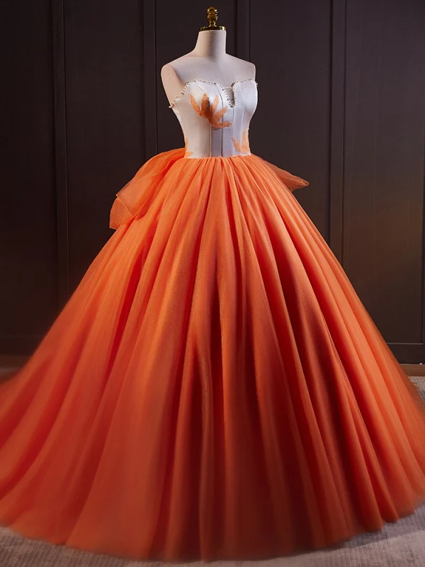 Elegant Orange Pearl Prom Dresses 2024 Ball Gown Strapless Sleeveless Backless Bow Sweep Elegant Orange Pearl Prom Dresses 2024 Ball Gown Strapless Sleeveless Backless Bow Sweep