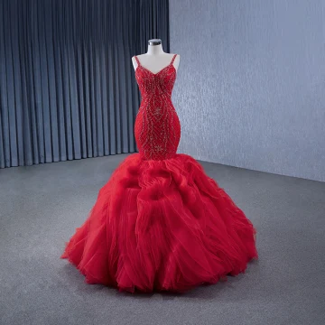 Haut De Gamme Rouge Fait Main Perlage Paillettes Robe De Soirée 2024 Trompette Sirène Bretelles Spaghetti Sans Manches Dos Nu Longue Soirée Robe De Ceremonie