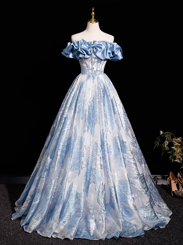Elegant Sky Blue Glitter Pearl Printing Prom Dresses 2025 Ball Gown Off-The-Shoulder Sleeveless Backless Floor-Length / Long Prom Formal Dresses