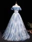 Elegant Sky Blue Glitter Pearl Printing Prom Dresses 2025 Ball Gown Off-The-Shoulder Sleeveless Backless Floor-Length / Long Prom Formal Dresses