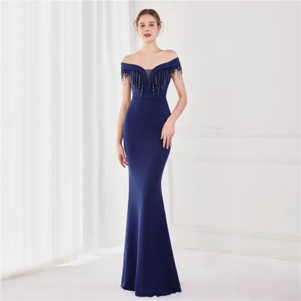 Sexy Black Satin Evening Dresses 2022 Trumpet / Mermaid Off-The-Shoulder Beading Tassel Sleeveless Backless Floor-Length / Long Evening Party Formal Dresses