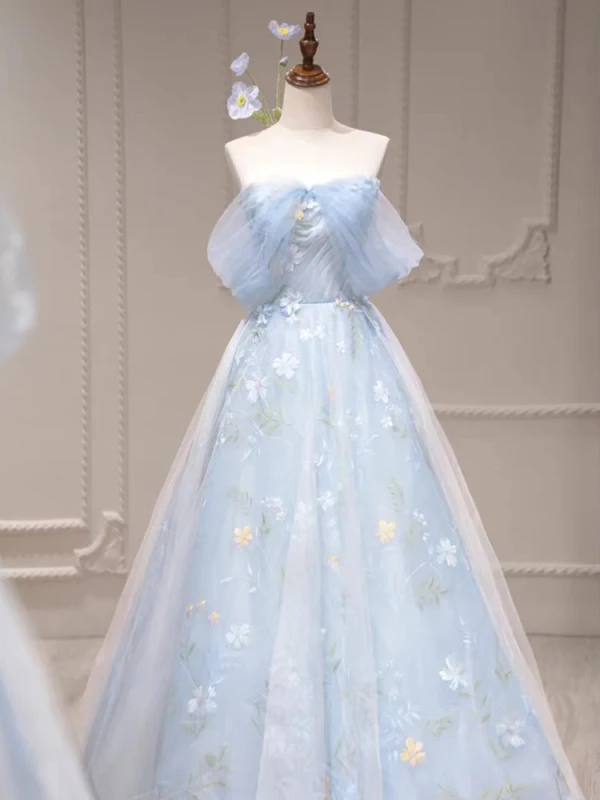 Flower Fairy Sky Blue Appliques Prom Dresses 2023 A-Line / Princess Off-The-Shoulder Sleeveless Backless Floor-Length / Long Prom Formal Dresses
