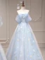 Flower Fairy Sky Blue Appliques Prom Dresses 2023 A-Line / Princess Off-The-Shoulder Sleeveless Backless Floor-Length / Long Prom Formal Dresses