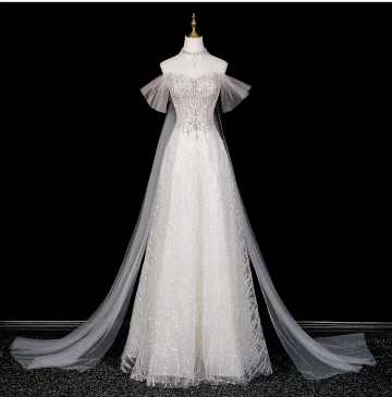 Chic Beautiful Champagne Beading Pearl Sequins Prom Dresses 2026 A Line Princess Off The Shoulder Short Sleeve Backless Floor Length Long Formal Dresses