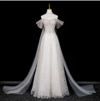 Chic Beautiful Champagne Beading Pearl Sequins Prom Dresses 2026 A Line Princess Off The Shoulder Short Sleeve Backless Floor Length Long Formal Dresses