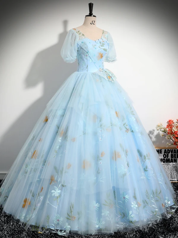 Elegant Sky Blue Pearl Lace Flower Appliques Prom Dresses 2024 Ball Gown U-Neck Short Sleeve Backless Floor-Length / Long Prom Formal Dresses