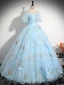 Elegant Sky Blue Pearl Lace Flower Appliques Prom Dresses 2024 Ball Gown U-Neck Short Sleeve Backless Floor-Length / Long Prom Formal Dresses