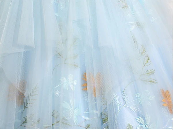 Elegant Sky Blue Pearl Lace Flower Appliques Prom Dresses 2024 Ball Gown U-Neck Short Sleeve Backless Floor-Length / Long Prom Formal Dresses