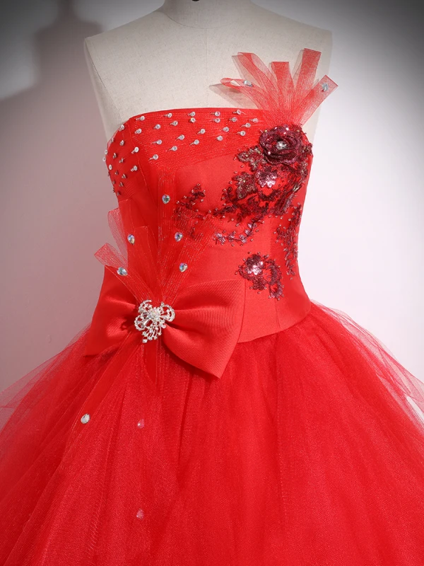 Chic / Beautiful Red Rhinestone Sequins Lace Flower Prom Dresses 2024 Ball Gown Strapless Sleeveless Backless Floor-Length / Long Prom Formal Dresses
