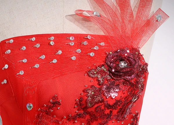 Chic / Beautiful Red Rhinestone Sequins Lace Flower Prom Dresses 2024 Ball Gown Strapless Sleeveless Backless Floor-Length / Long Prom Formal Dresses