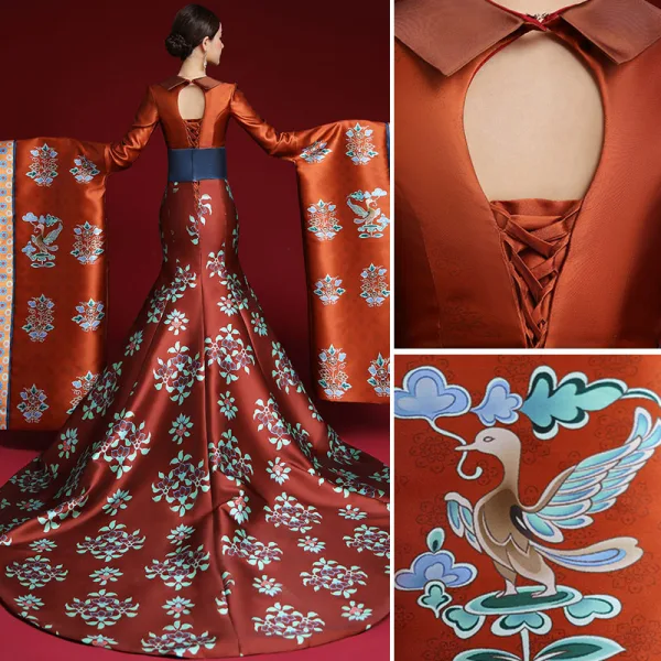 Amazing / Unique Chinese style Burgundy Printing Prom Dresses 2022 Trumpet / Mermaid Satin V-Neck Long Sleeve Backless Court Train Formal Dresses