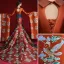 Amazing / Unique Chinese style Burgundy Printing Prom Dresses 2022 Trumpet / Mermaid Satin V-Neck Long Sleeve Backless Court Train Formal Dresses