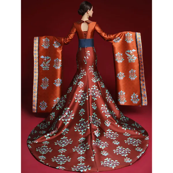 Amazing / Unique Chinese style Burgundy Printing Prom Dresses 2022 Trumpet / Mermaid Satin V-Neck Long Sleeve Backless Court Train Formal Dresses
