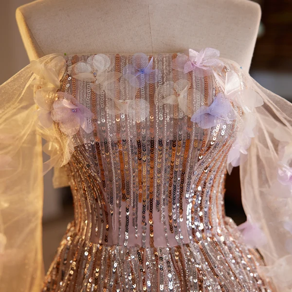 Scintillantes Haut de Gamme Rougissant Rose Perle Appliques Paillettes Robe De Soirée 2023 Princesse De l'épaule 3/4 Manches Dos Nu Longue Soirée Robe De Ceremonie