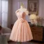 Modest / Simple Blushing Pink Beading Pearl Appliques Homecoming Knee-Length Graduation Dresses 2025 Ball Gown Off-The-Shoulder Short Sleeve Backless