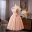 Chic / Beautiful Blushing Pink Pearl Appliques Short Homecoming Graduation Dresses 2026 Ball Gown Off-The-Shoulder Short Sleeve Backless Formal Dresses