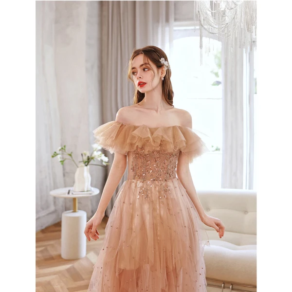 Charming Champagne Evening Dresses 2022 A-Line / Princess Off-The-Shoulder Beading Sequins Sleeveless Backless Floor-Length / Long Evening Party Formal Dresses