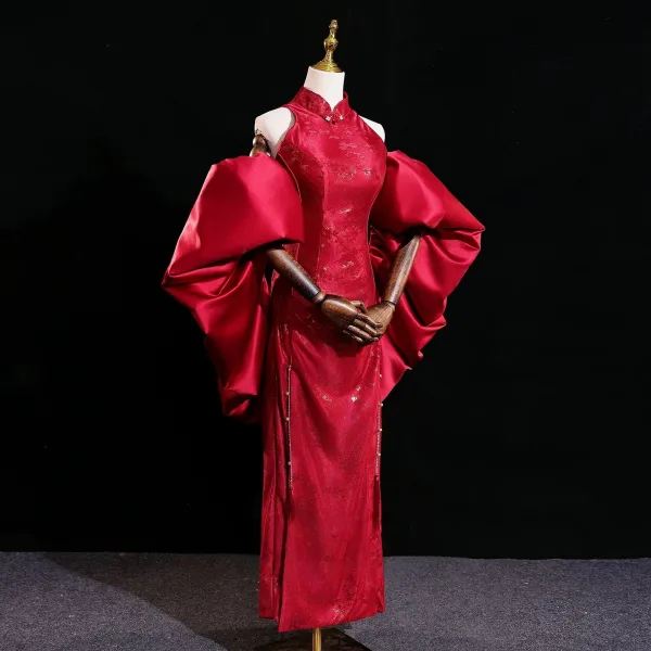 Chinese style Burgundy Printing Evening Party Cheongsam 2025 Trumpet / Mermaid High Neck Sleeveless Backless Floor-Length / Long