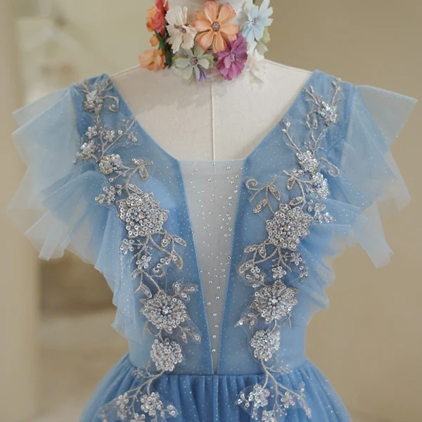 Chic / Beautiful Pool Blue Lace Flower Rhinestone Sequins Prom Dresses 2022 A-Line / Princess V-Neck Short Sleeve Backless Floor-Length / Long Prom Formal Dresses