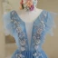 Chic / Beautiful Pool Blue Lace Flower Rhinestone Sequins Prom Dresses 2022 A-Line / Princess V-Neck Short Sleeve Backless Floor-Length / Long Prom Formal Dresses