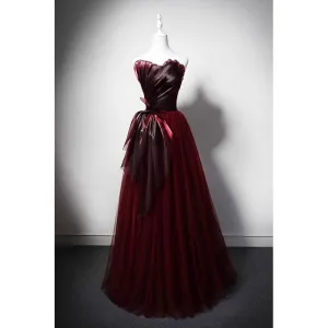 Charmant Bordeaux Noeud Robe De Soirée 2023 Princesse Bustier Sans Manches Dos Nu Longue Soirée Robe De Ceremonie