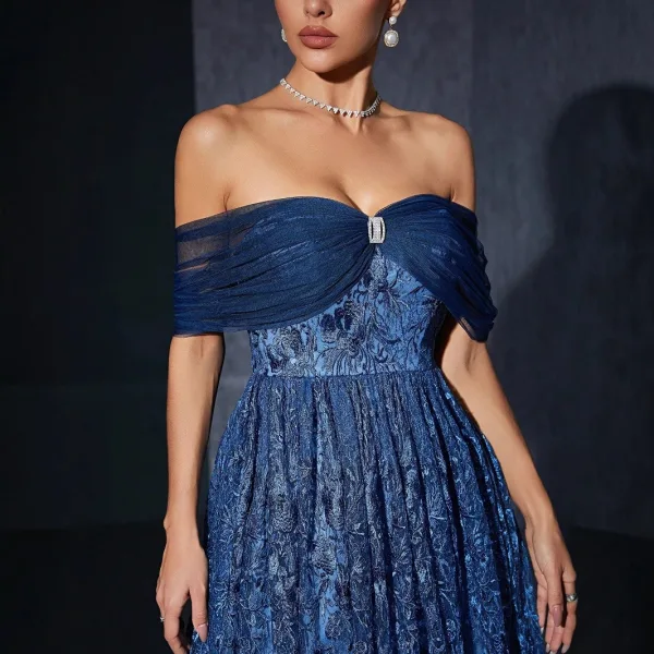 Vintage / Retro Ocean Blue Lace Flower Prom Dresses 2025 A-Line / Princess Off-The-Shoulder Sleeveless Backless Floor-Length / Long Prom Formal Dresses