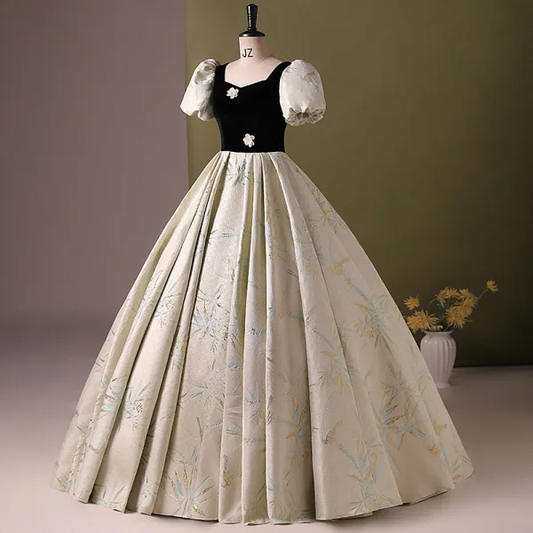 Elegant Sage Green Appliques Printing Prom Dresses 2024 Ball Gown Square Neckline Puffy Short Sleeve Backless Floor-Length / Long Prom Formal Dresses
