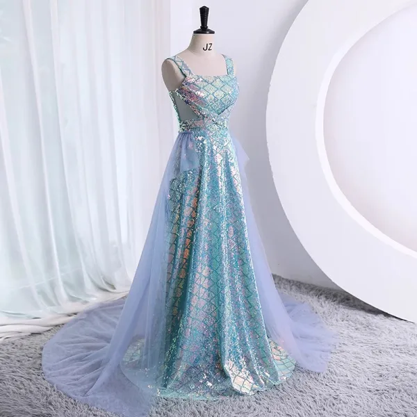 Glitzernden Himmelblau Pailletten Ballkleider 2023 A Linie Eckiger Ausschnitt Ärmellos Rückenfreies Sweep / Pinsel Zug Ball Festliche Kleider