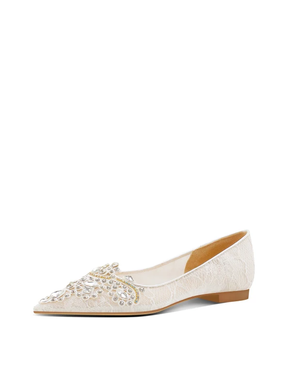 Elegant White Rhinestone Lace Flat Wedding Shoes 2024 Pointed Toe Wedding Heels