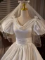 Vintage / Retro Ivory Appliques Satin Wedding Dresses 2024 Ball Gown V-Neck Puffy Short Sleeve Backless Floor-Length / Long Wedding