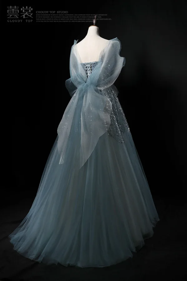 Bling Bling Sky Blue Beading Pearl Sequins Prom Dresses 2024 A-Line / Princess Spaghetti Straps Sleeveless Backless Bow Floor-Length / Long Prom Formal Dresses