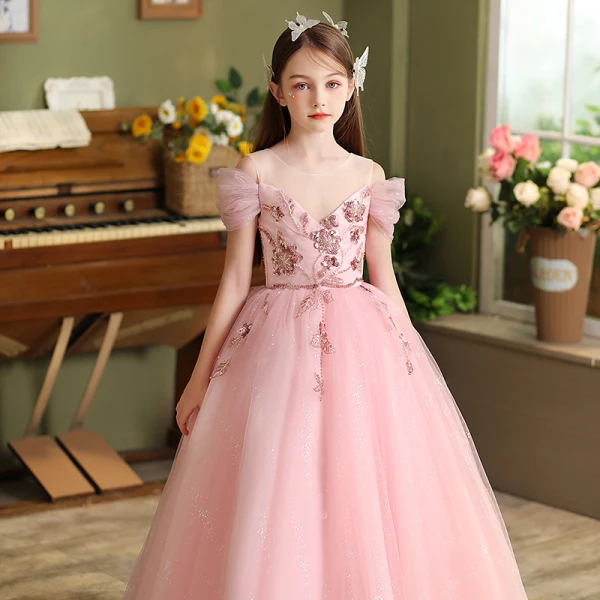Chic / Beautiful Blushing Pink Beading Sequins Birthday Flower Girl Dresses 2024 A-Line / Princess Scoop Neck Short Sleeve Floor-Length / Long