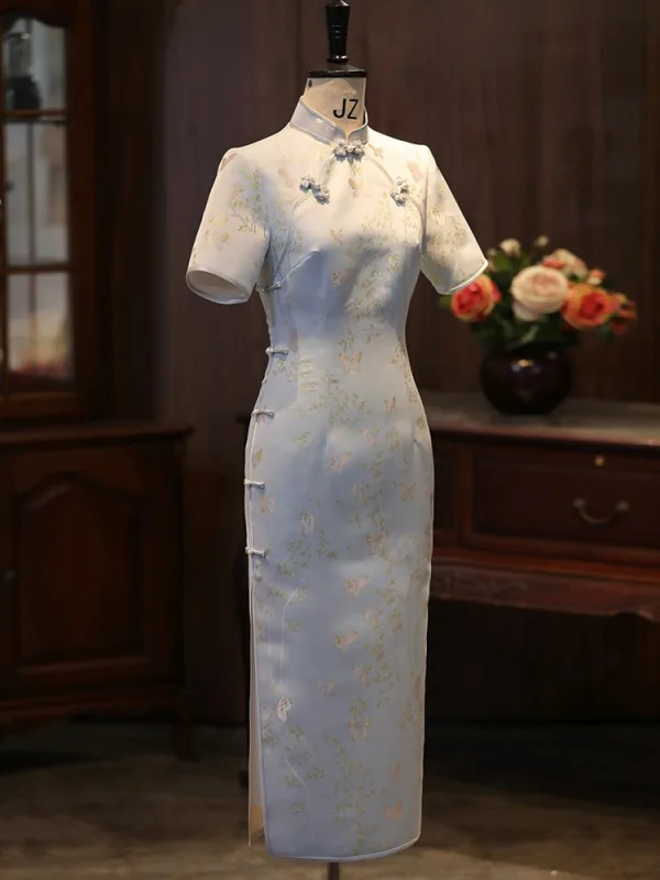 Vintage / Retro White Printing Tea-length Cheongsam 2026 Trumpet / Mermaid High Neck Short Sleeve